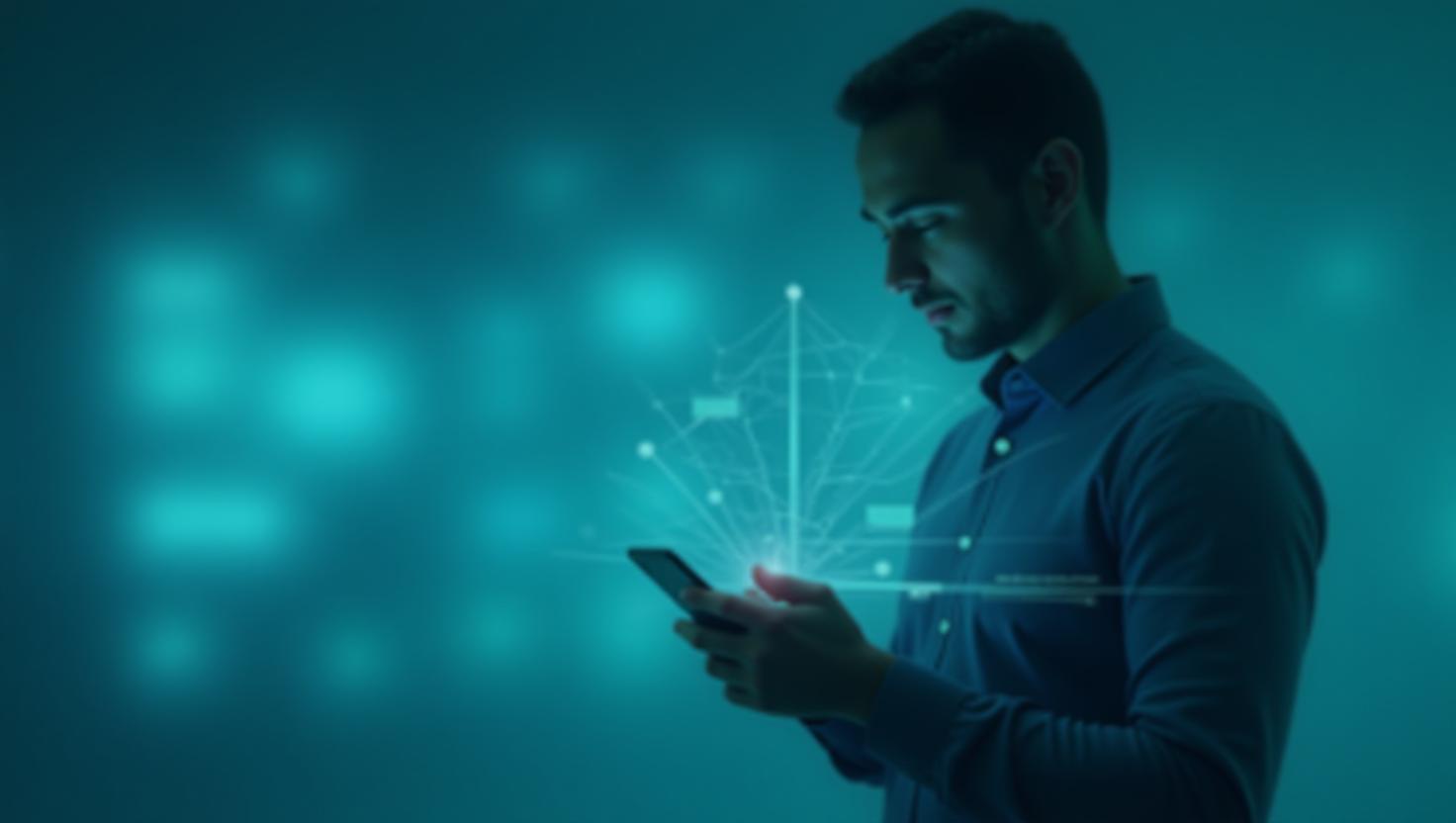 Person using mobile phone with digital network overlay
